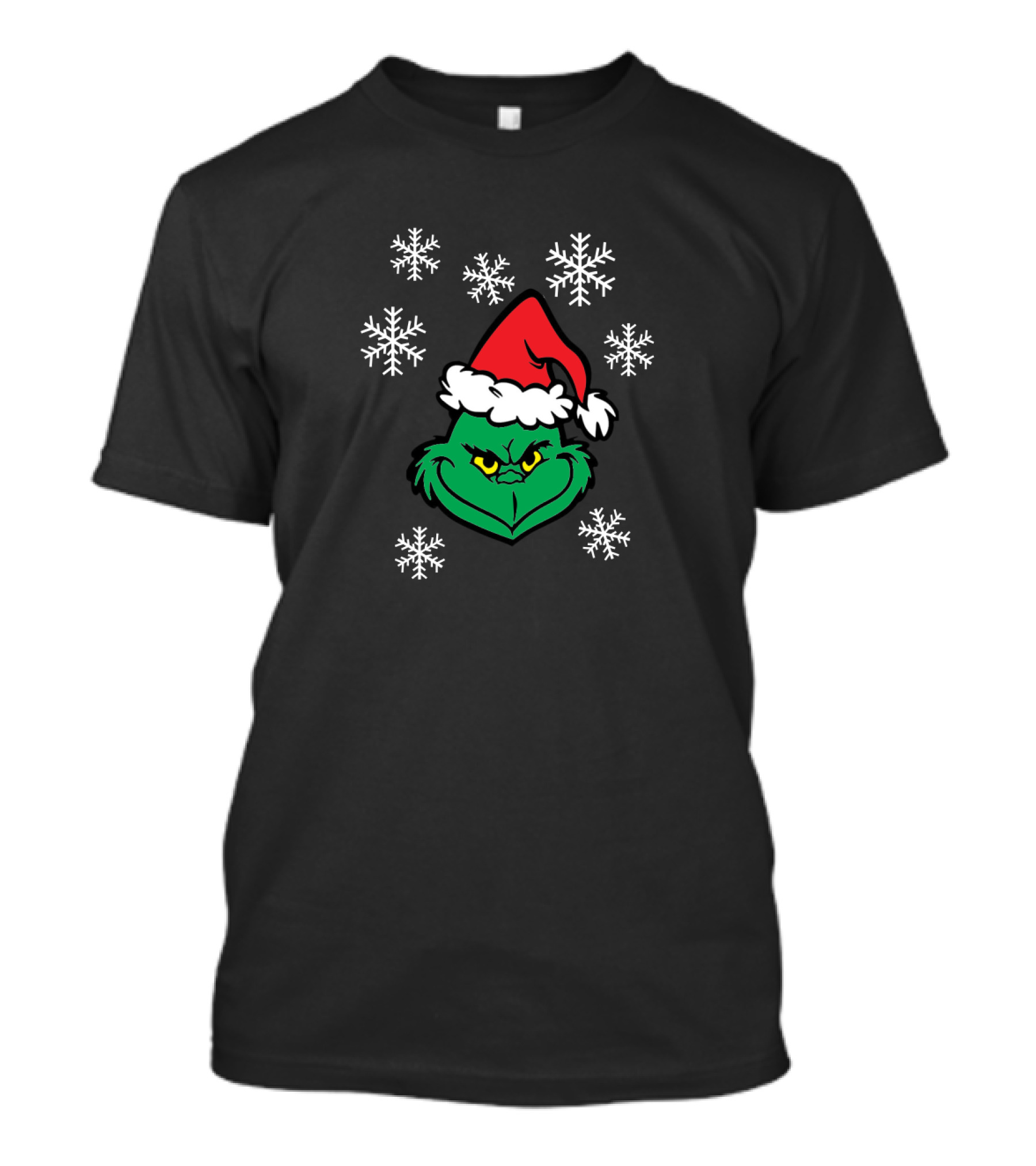 Grinch Face With Santa Hat Surrounded By Snowflakes Iconic Holiday Character T-Shirt