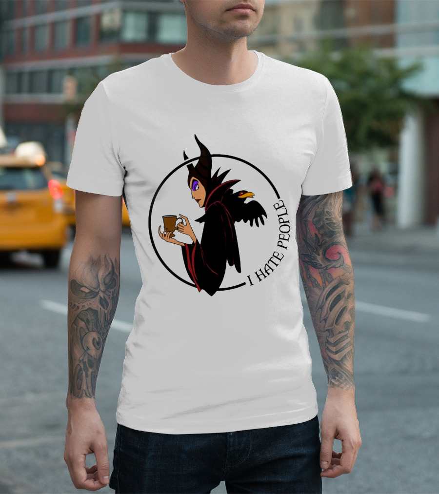 Maleficent Coffee Holding with I Hate People Text and Raven on Shoulder T-Shirt