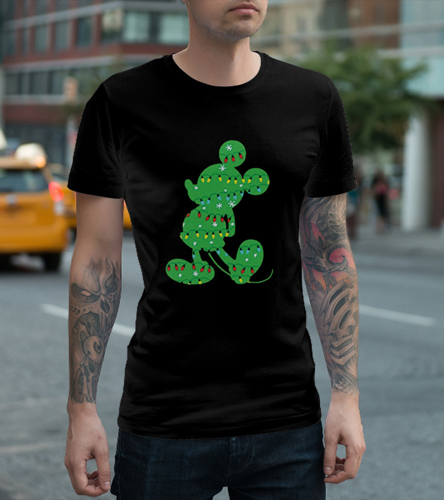 Mickey Mouse Silhouette with Festive Christmas Lights and Green Holiday T-Shirt