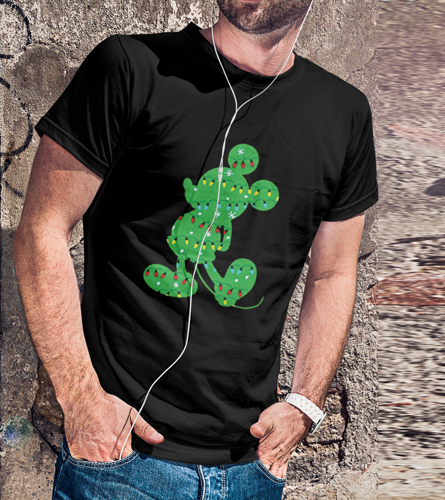 Mickey Mouse Silhouette With Festive Christmas Lights And Green Holiday T-Shirt