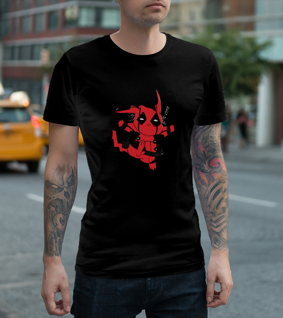 Pikachu Deadpool Crossover Character with Red Suit and Swords T-Shirt