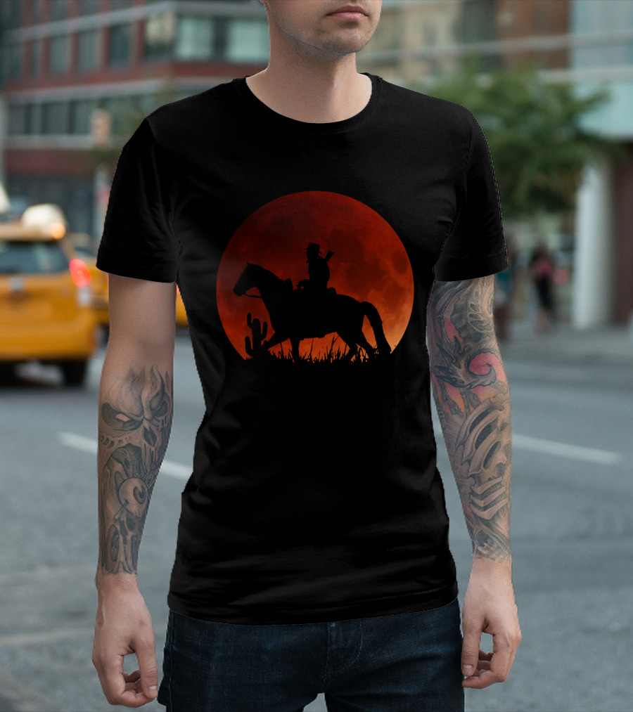 Red Moon Cowboy Riding Silhouette Red Dead Redemption T-Shirt
