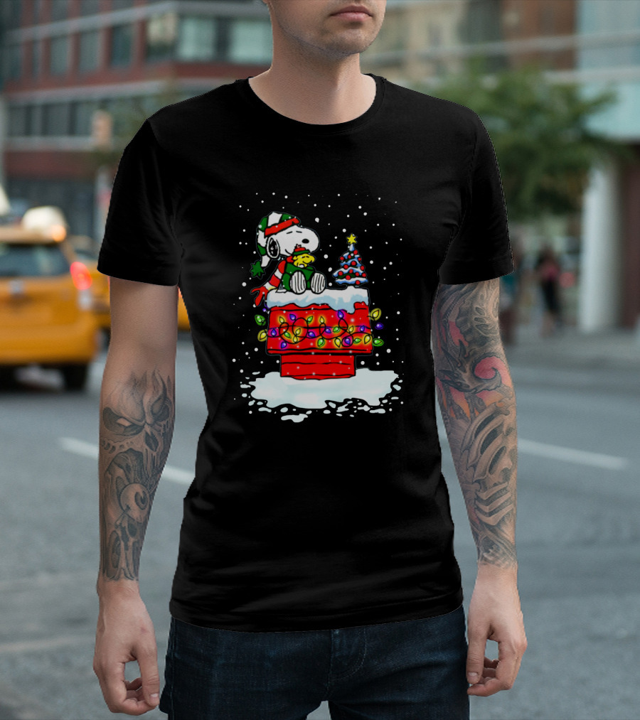 Snoopy Christmas Lights On Doghouse With Woodstock And Winter Scene From Peanuts T-Shirt