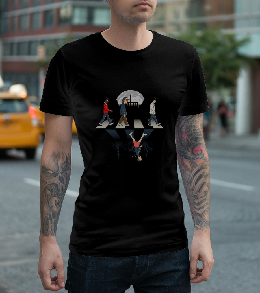 Stranger Things Abbey Road Combo Characters Crossing Moon Walking Upside Down T-Shirt
