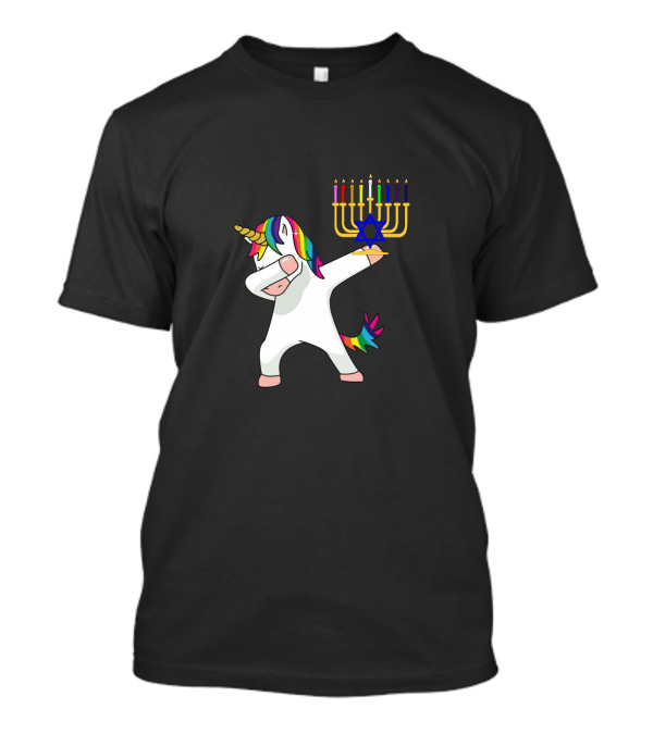 Unicorn Dabbing With Menorah Hanukkah Rainbow Mane And Tail T-Shirt