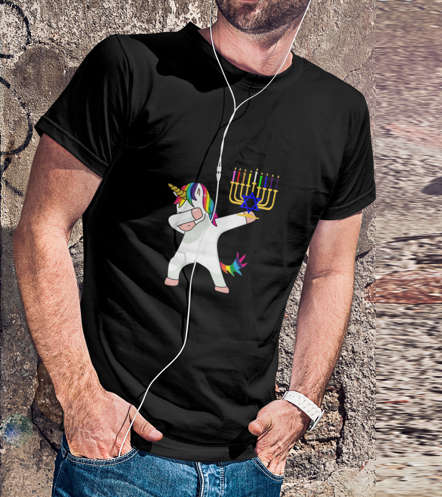 Unicorn Dabbing With Menorah Hanukkah Rainbow Mane And Tail T-Shirt