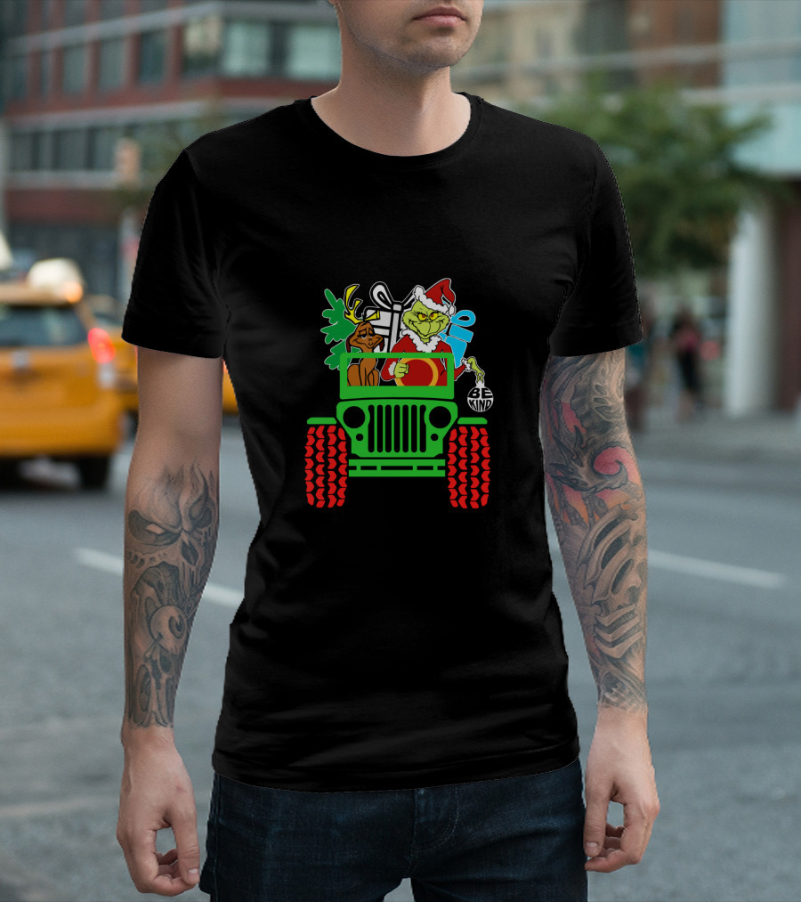 Be Kind Christmas Grinch and Dog in Jeep with Gifts T-Shirt