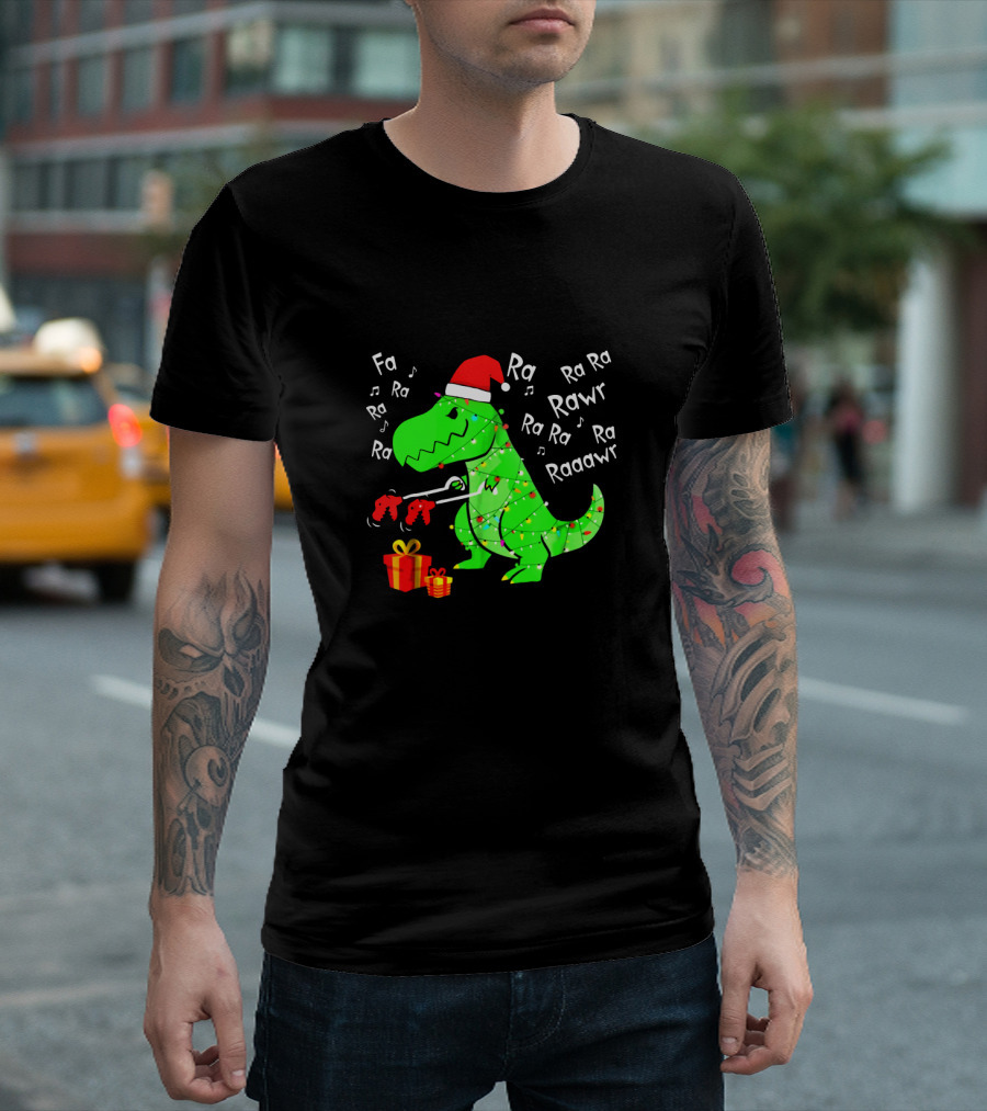 Santa Hat Dinosaur with Christmas Lights and Presents Singing Fa Ra Ra Ra Rawr Raaawr Tree Rex T-Shirt