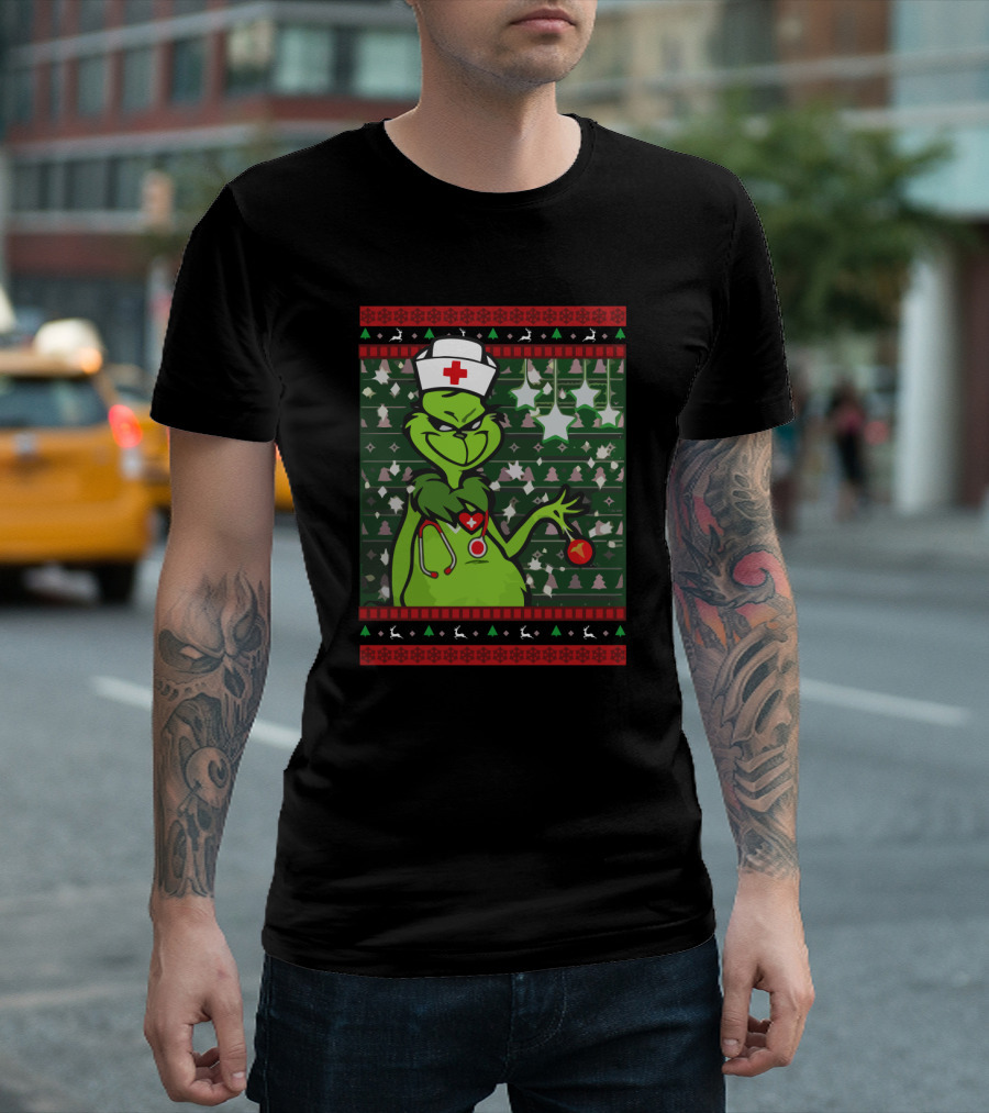 Nurse Ugly Sweater Merry Christmas Grinch With Nurse Hat And Stethoscope T-Shirt