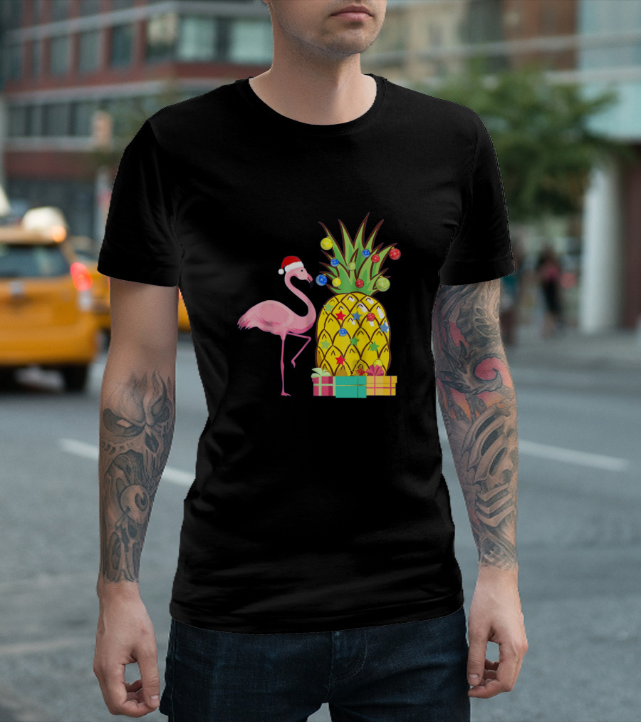 Santa Flamingo Christmas Pineapple With Colorful Ornaments And Holiday Gifts T-Shirt
