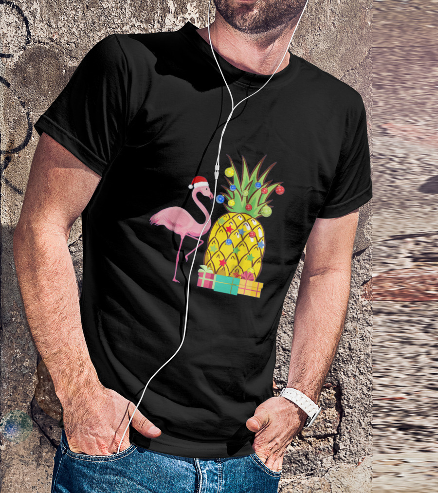Santa Flamingo Christmas Pineapple With Colorful Ornaments And Holiday Gifts T-Shirt