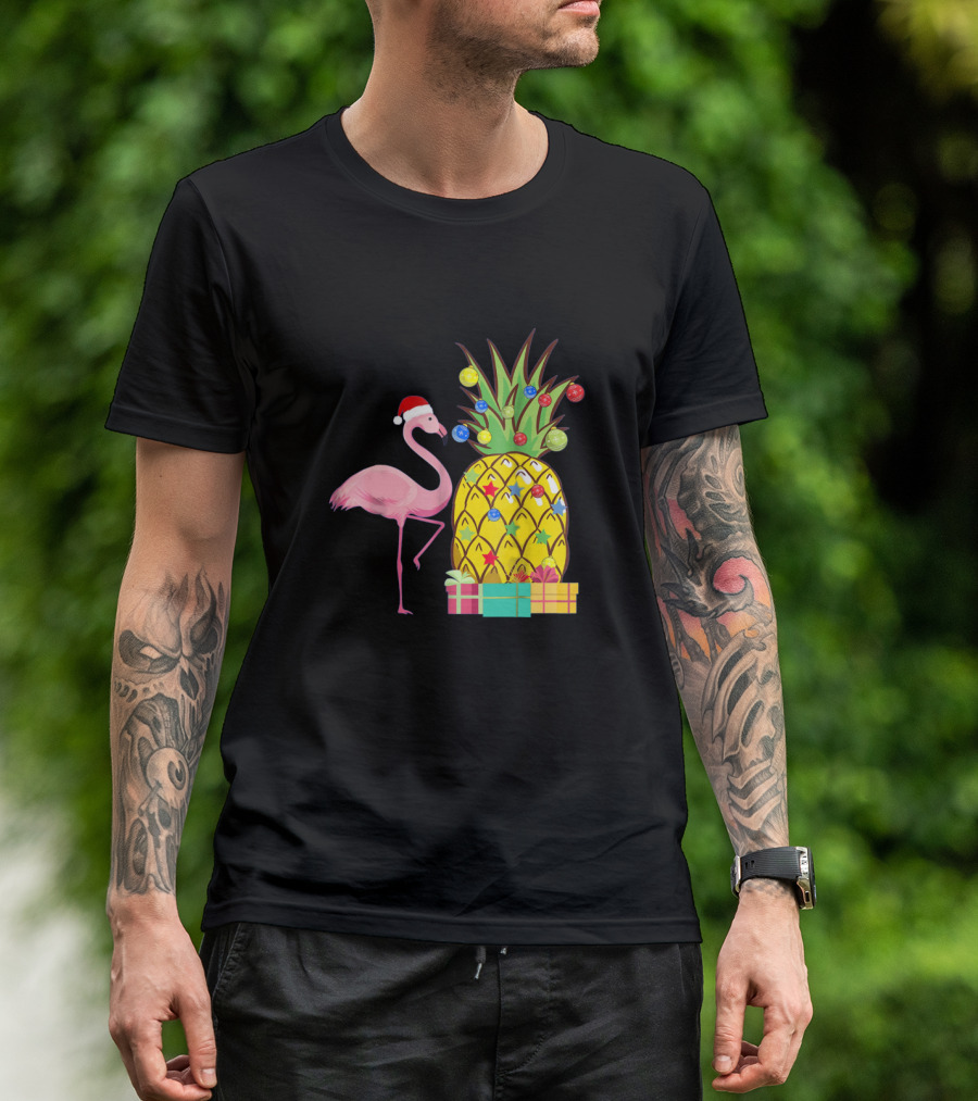 Santa Flamingo Christmas Pineapple With Colorful Ornaments And Holiday Gifts T-Shirt