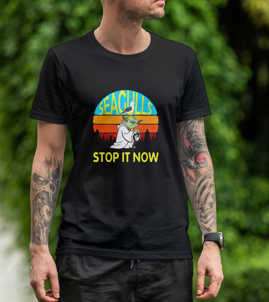 Seagulls Stop It Now Funny Retro Yoda Influence Vintage Sunset T-Shirt