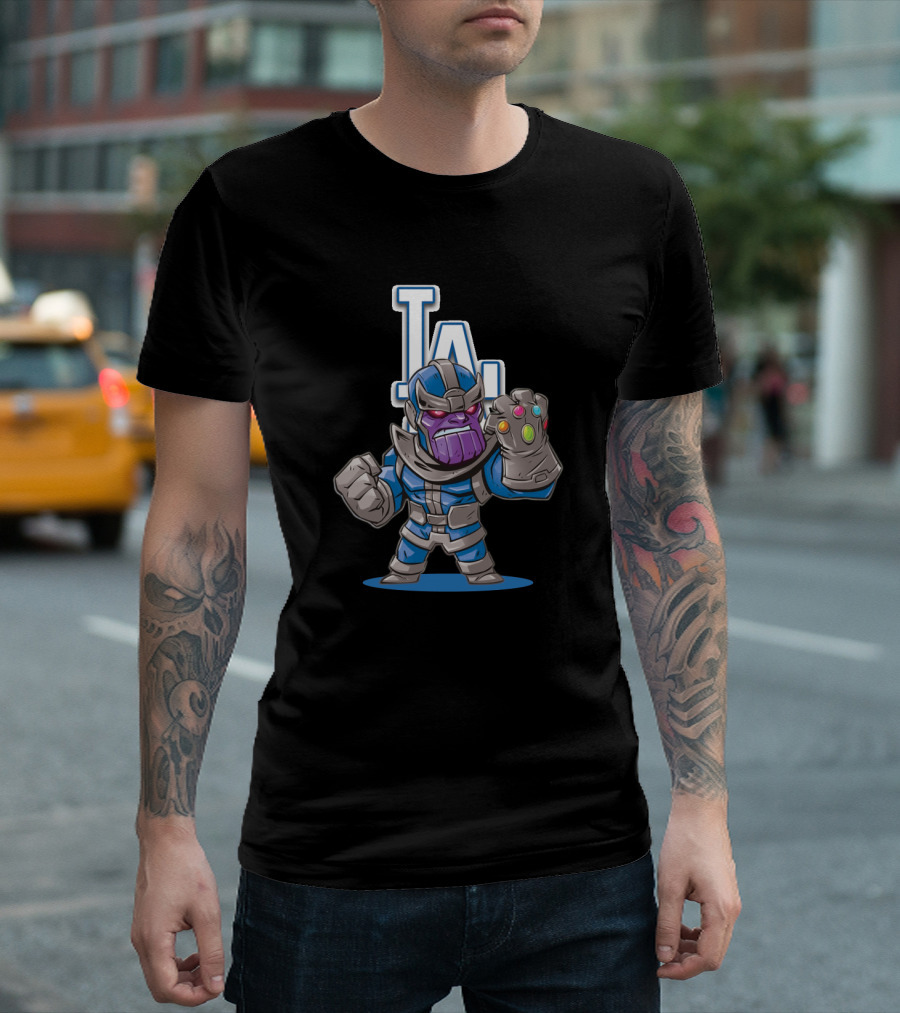 Thanos in Los Angeles Dodgers Colors with Infinity Gauntlet Front of LA T-Shirt