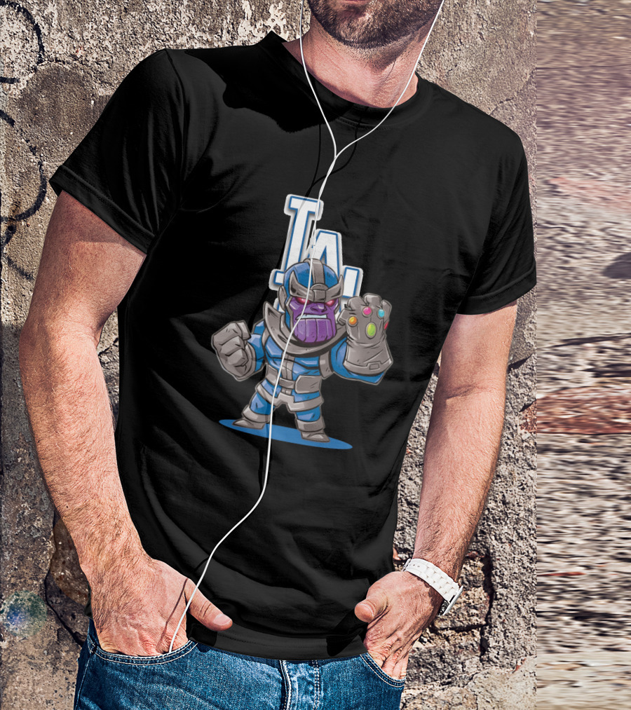 Thanos In Los Angeles Dodgers Colors With Infinity Gauntlet Front Of LA T-Shirt