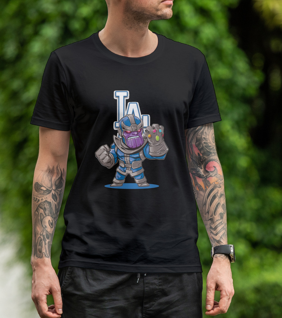 Thanos In Los Angeles Dodgers Colors With Infinity Gauntlet Front Of LA T-Shirt