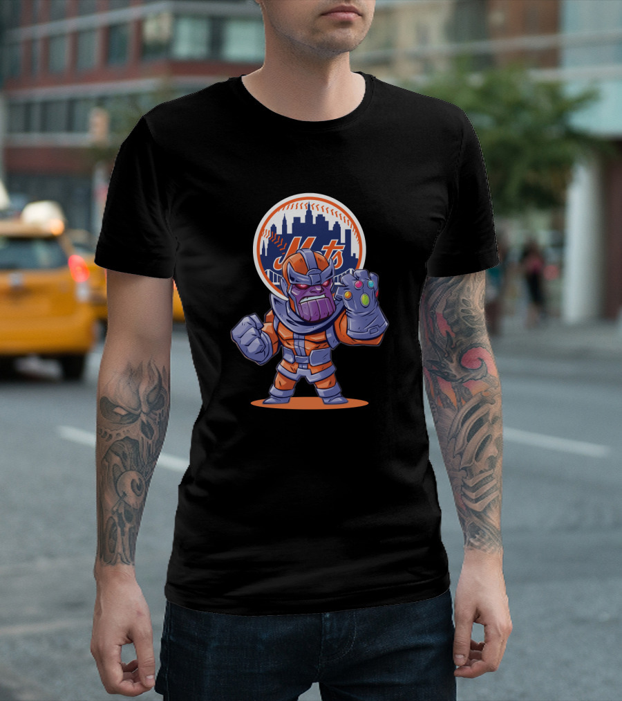 Thanos Wears New York Mets Colors with Infinity Gauntlet and Mets Skyline T-Shirt