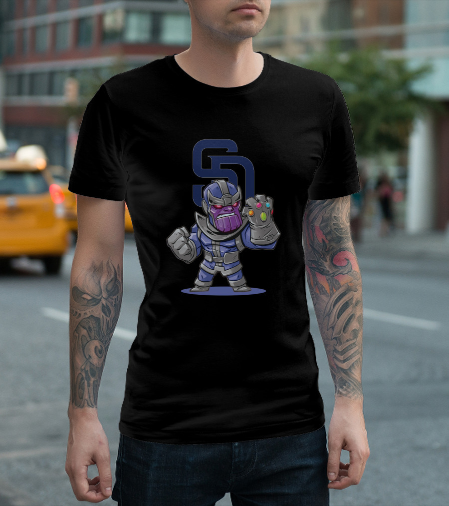 SD Padres Logo With Cartoon Thanos And Infinity Gauntlet T-Shirt