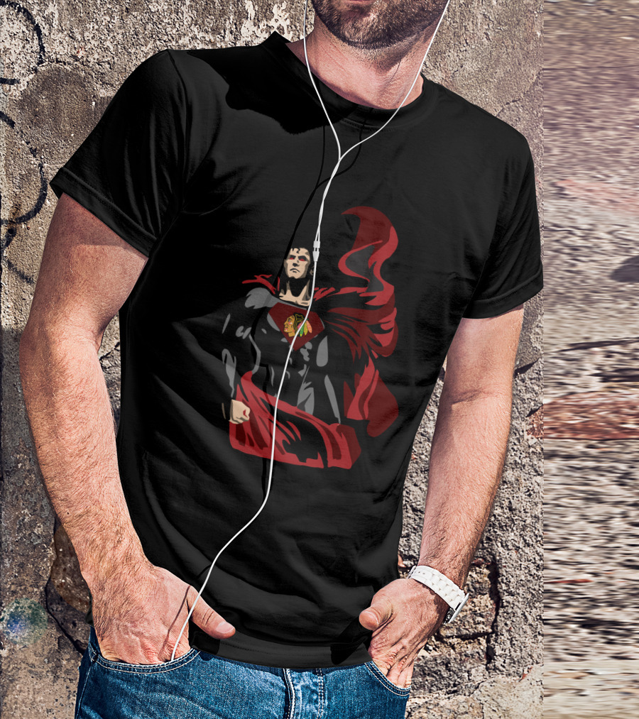 Superman With Chicago Blackhawks Logo And Red Cape T-Shirt