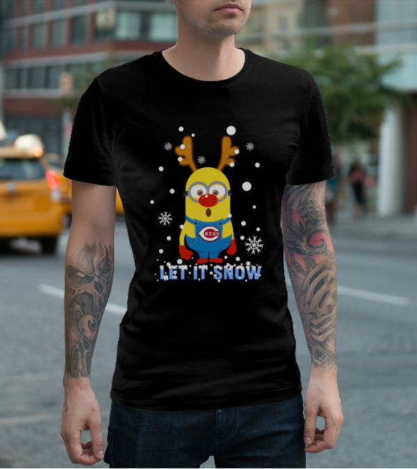 Let It Snow Cincinnati Reds Christmas Minion With Reindeer Antlers T-Shirt