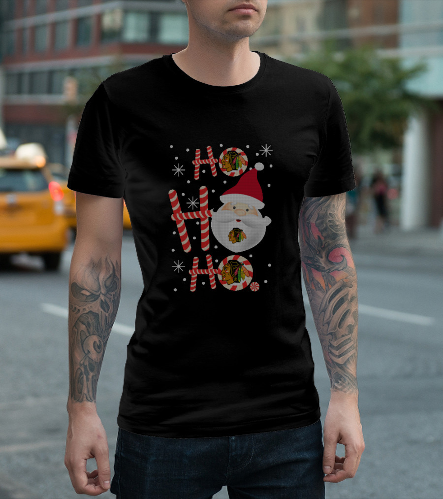 Ho Ho Ho Xmas Santa with Chicago Blackhawks Logos and Candy Canes T-Shirt