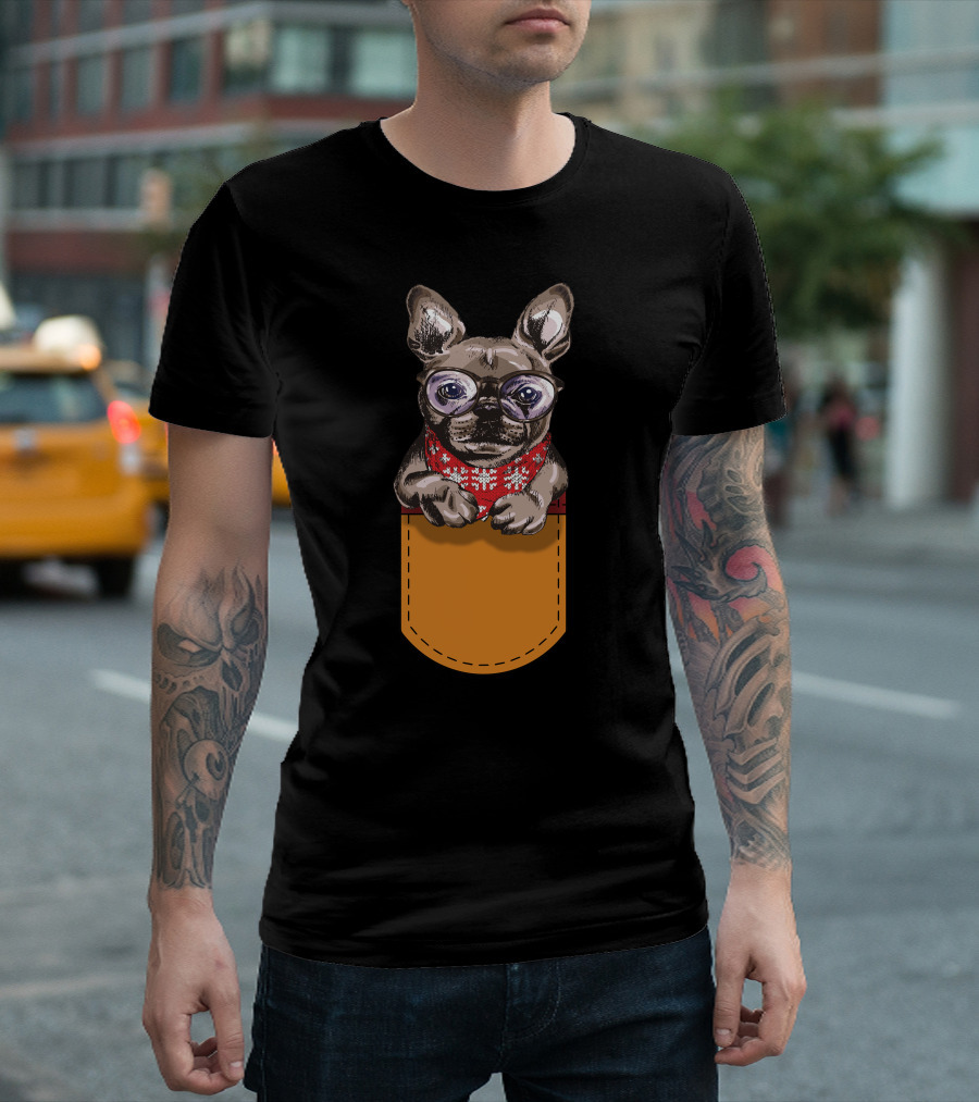 Cool Frenchie France Bulldog In Glasses With Red Scarf In Pocket T-Shirt
