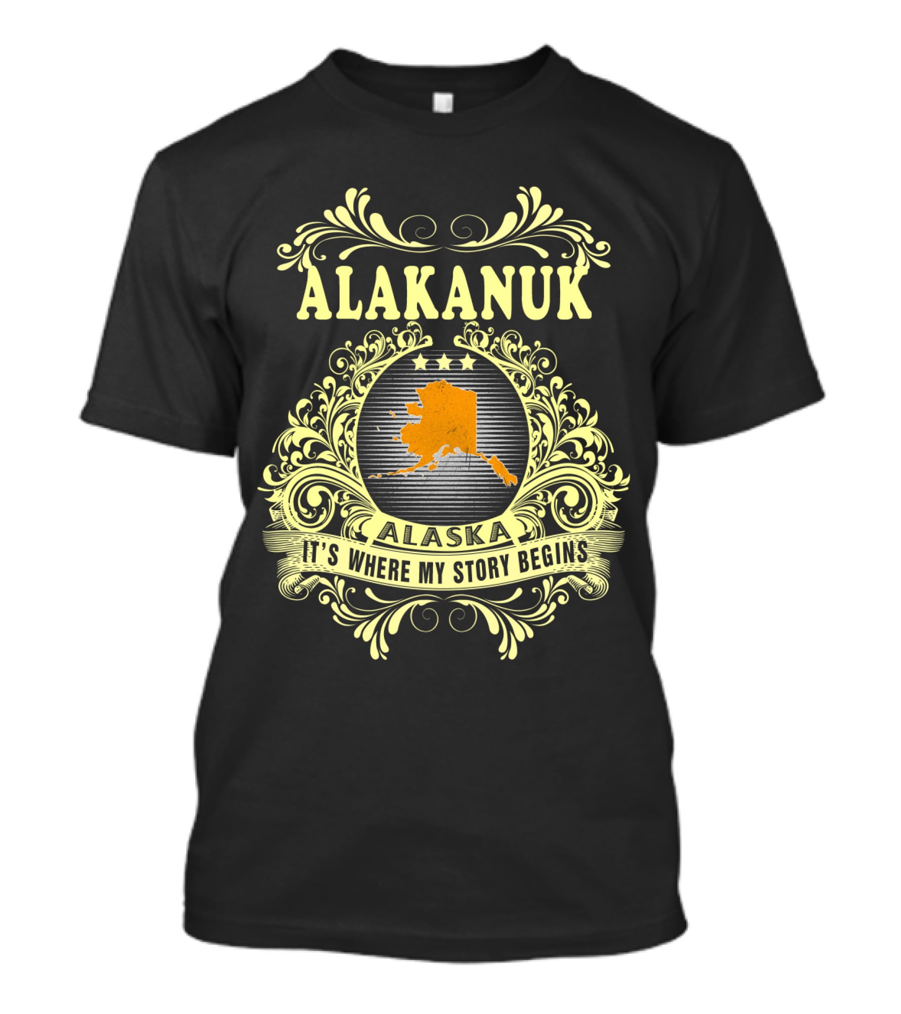 Alakanuk Alaska It's Where My Story Begins Ornate Design With State Map In Center T-Shirt