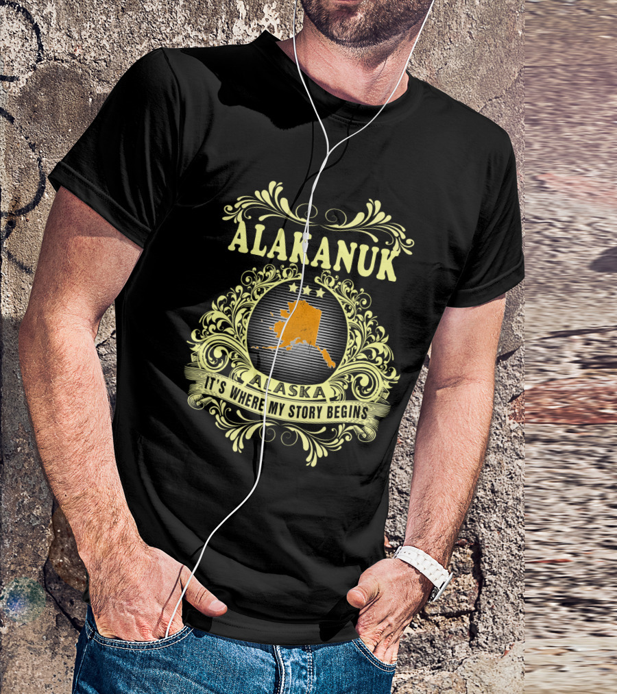 Alakanuk Alaska It's Where My Story Begins Ornate Design With State Map In Center T-Shirt