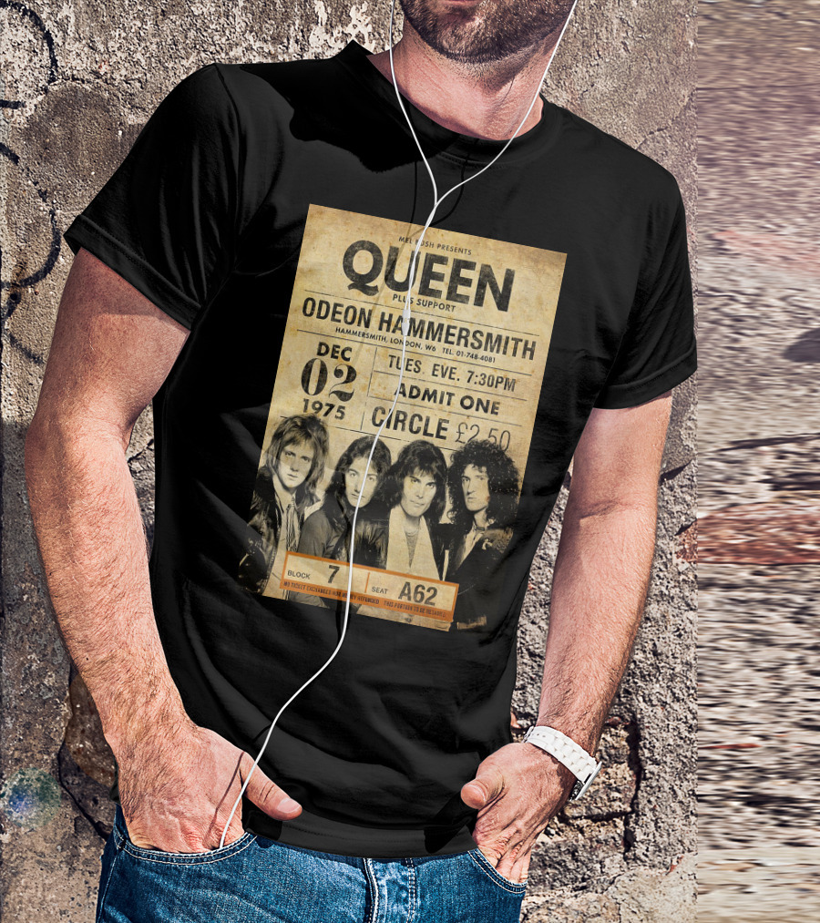 Queen Concert Odeon Hammersmith Dec 02 1975 Admit One Circle 7:30PM Block 7 Seat A62 T-Shirt