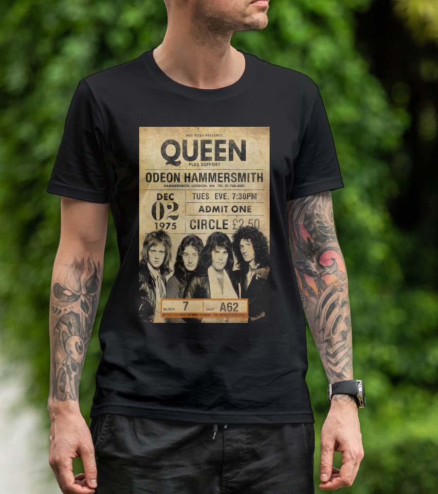 Queen Concert Odeon Hammersmith Dec 02 1975 Admit One Circle 7:30PM Block 7 Seat A62 T-Shirt