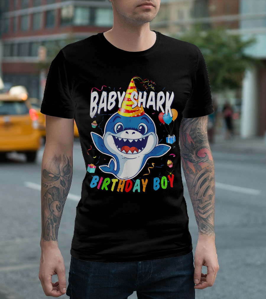 Baby Shark Birthday Boy Celebration with Party Hat and Balloons T-Shirt