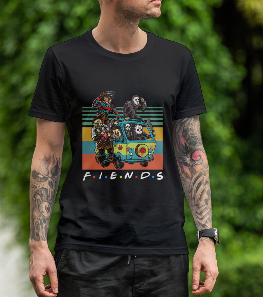 Fiends TV Show Horror Movie Characters Parody With Freddy Jason Scream Driving Scooby-Doo Van T-Shirt