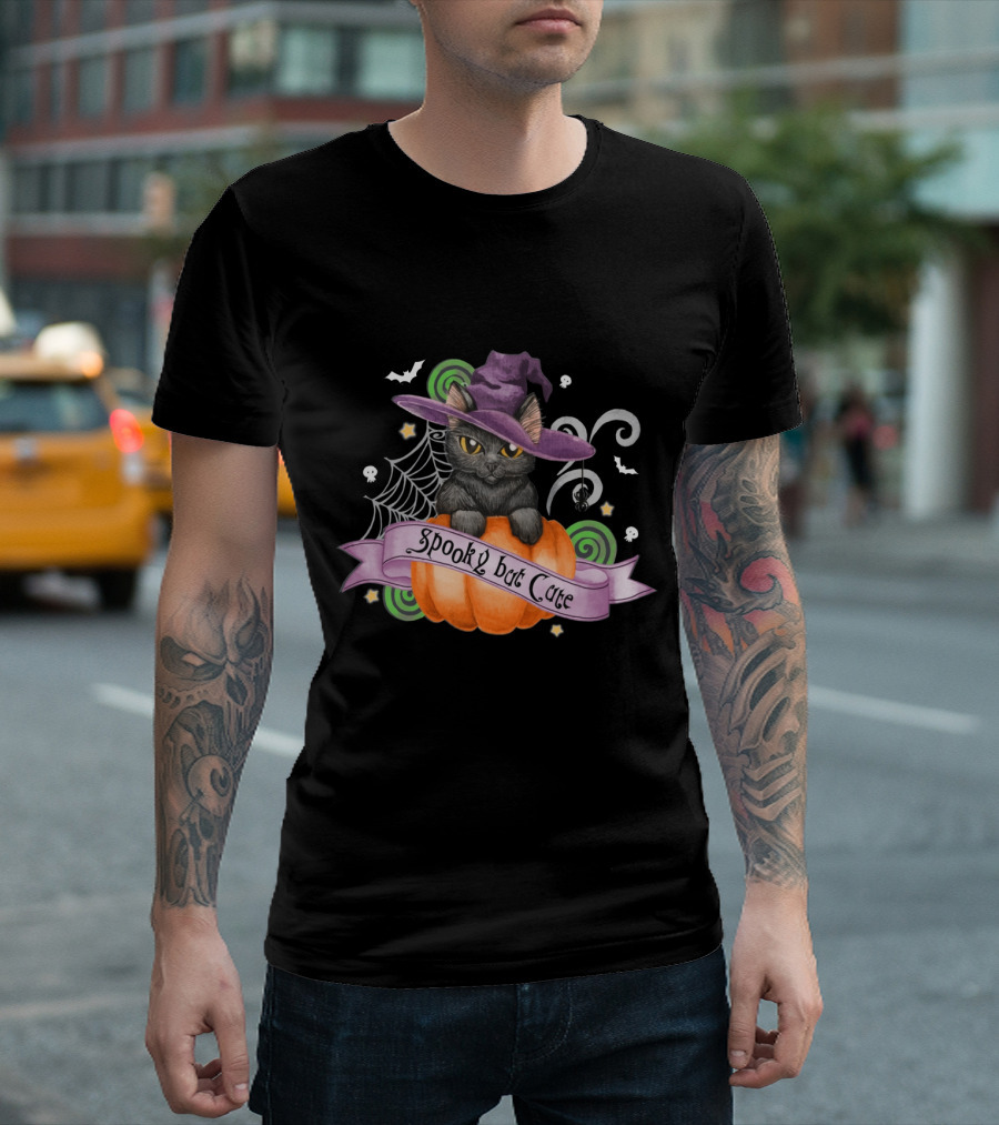 Spooky But Cute Cat Halloween Witch Hat Pumpkin Spiderweb Bats Skulls T-Shirt