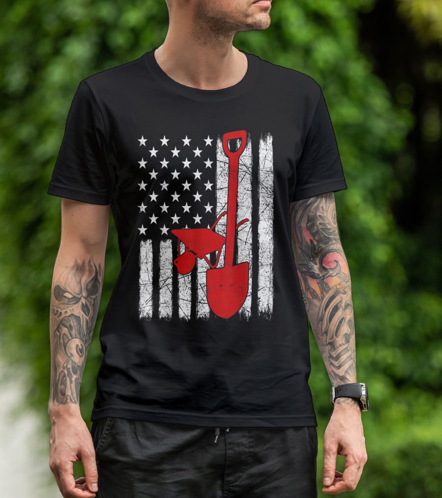 American Flag Garden Tools Wheelbarrow Shovel T-Shirt