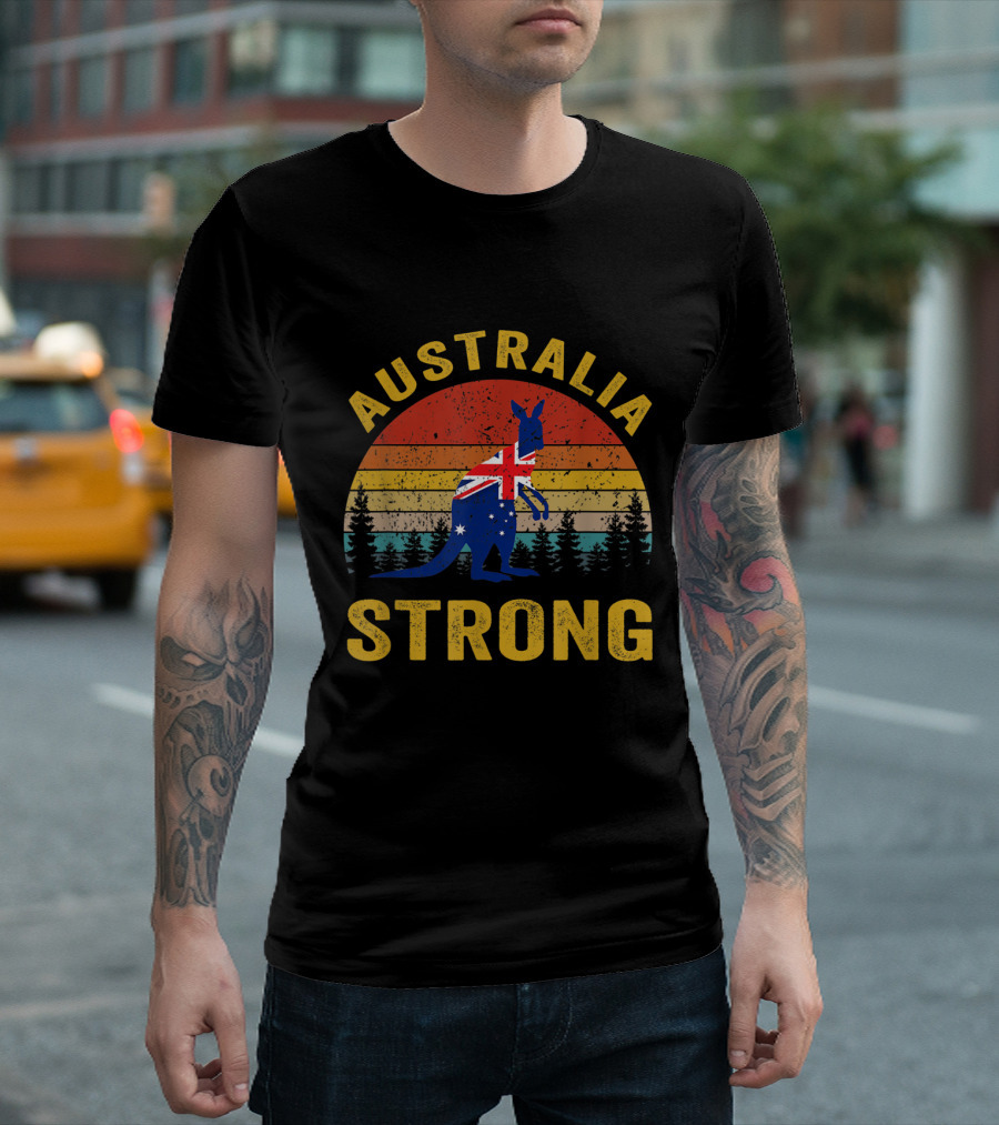 Australia Strong Kangaroo Flag Sunset Forest Scene T-Shirt