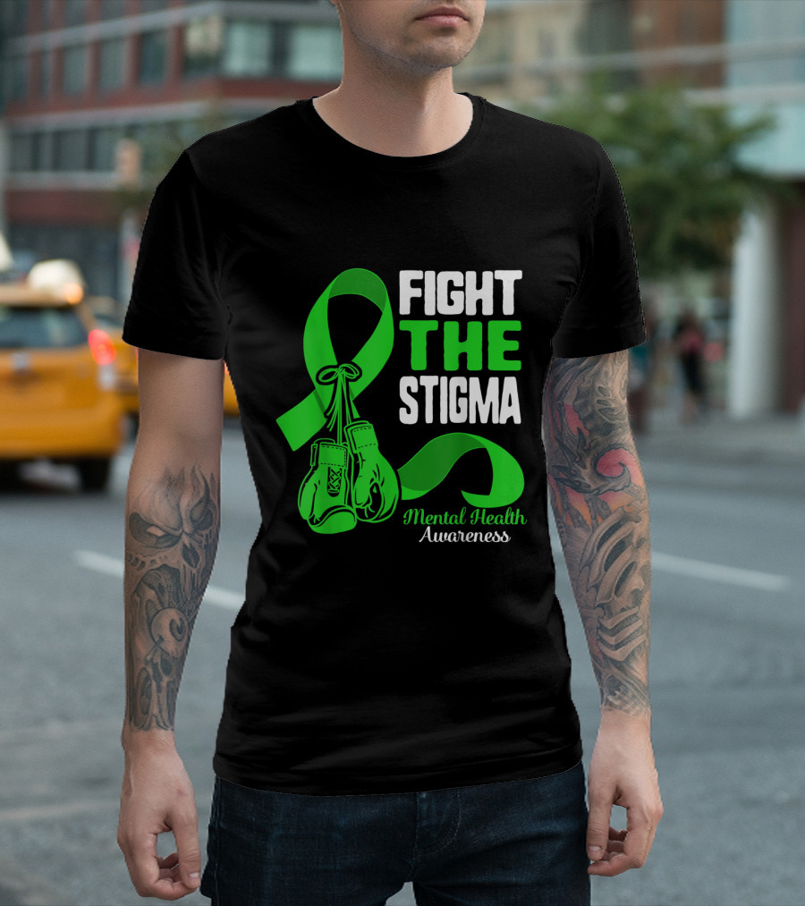 Fight The Stigma Mental Health Awareness Green Ribbon Boxing Gloves T-Shirt