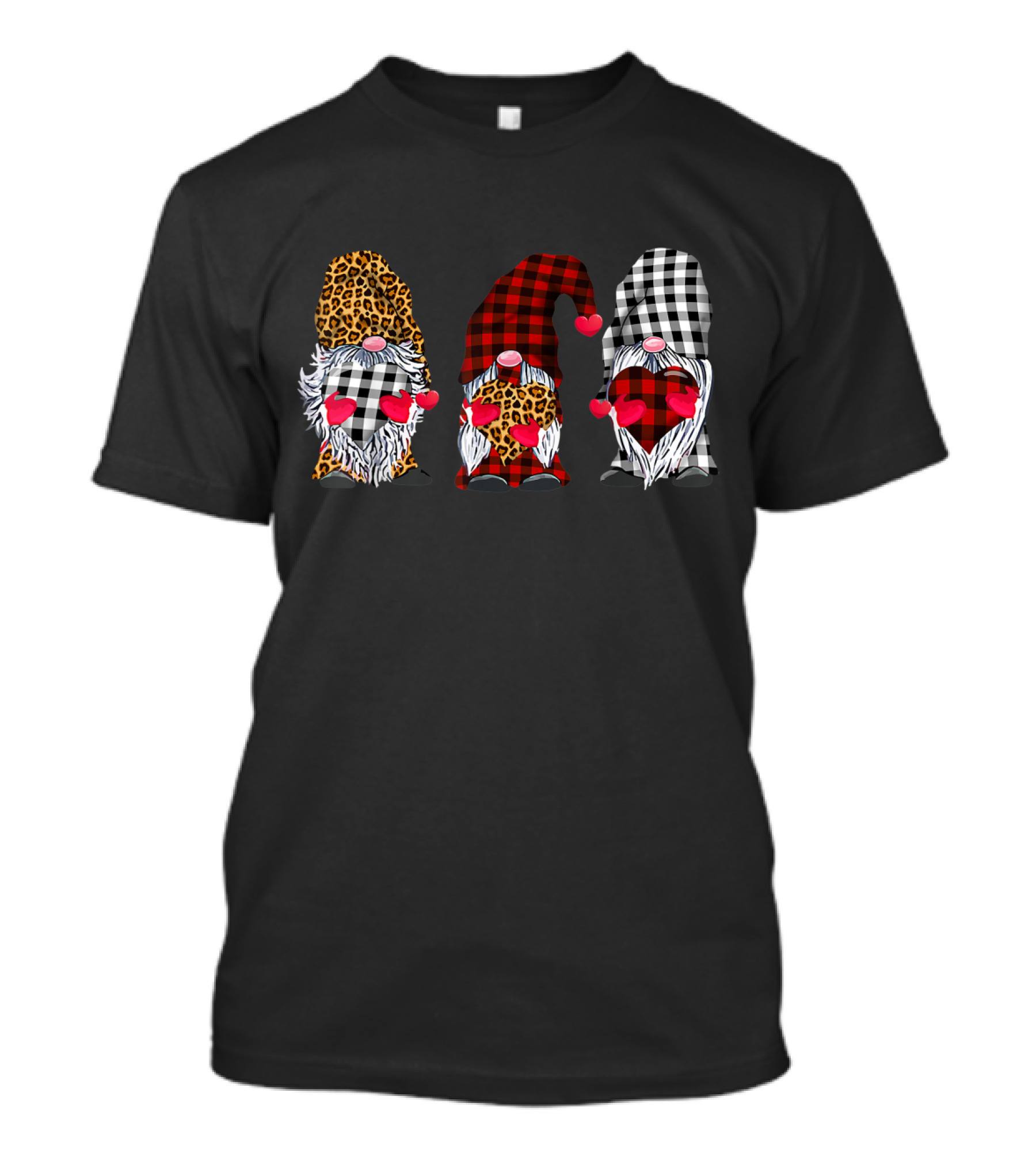Three Gnomes Leopard Buffalo Plaid Hearts Valentines T-Shirt