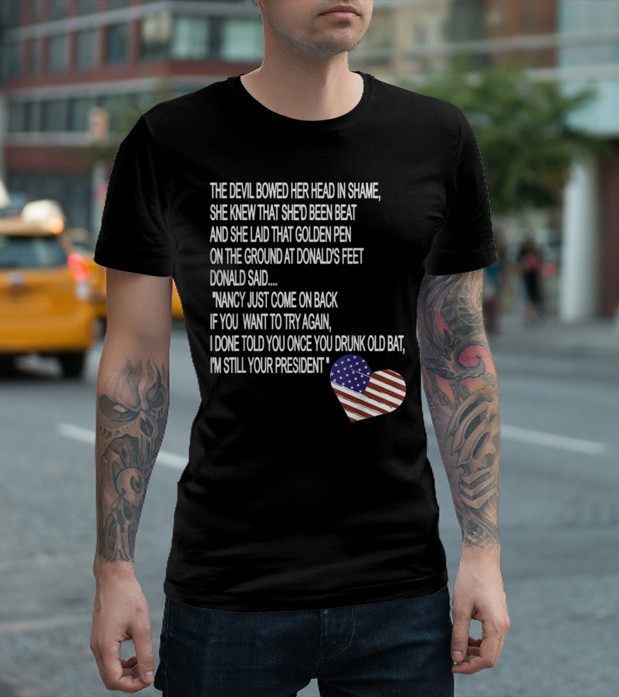 Impeachment Hoax Nancy Pelosi Poem The Devil Bowed Her Head With American Flag Heart T-Shirt