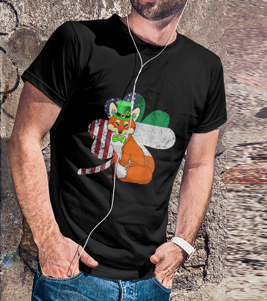 Irish American Flag Shamrock With Bow Tie Fox In Green Hat T-Shirt