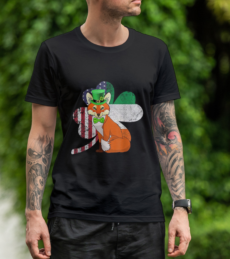 Irish American Flag Shamrock With Bow Tie Fox In Green Hat T-Shirt