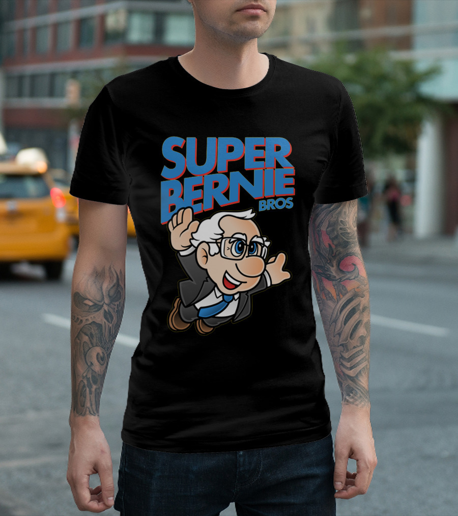 Super Bernie Bros Flying Cartoon Character in Blue Suit and Glasses Iconic T-Shirt