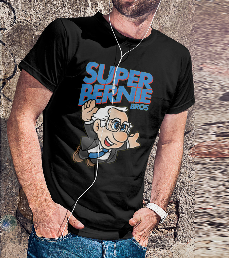 Super Bernie Bros Flying Cartoon Character In Blue Suit And Glasses Iconic T-Shirt