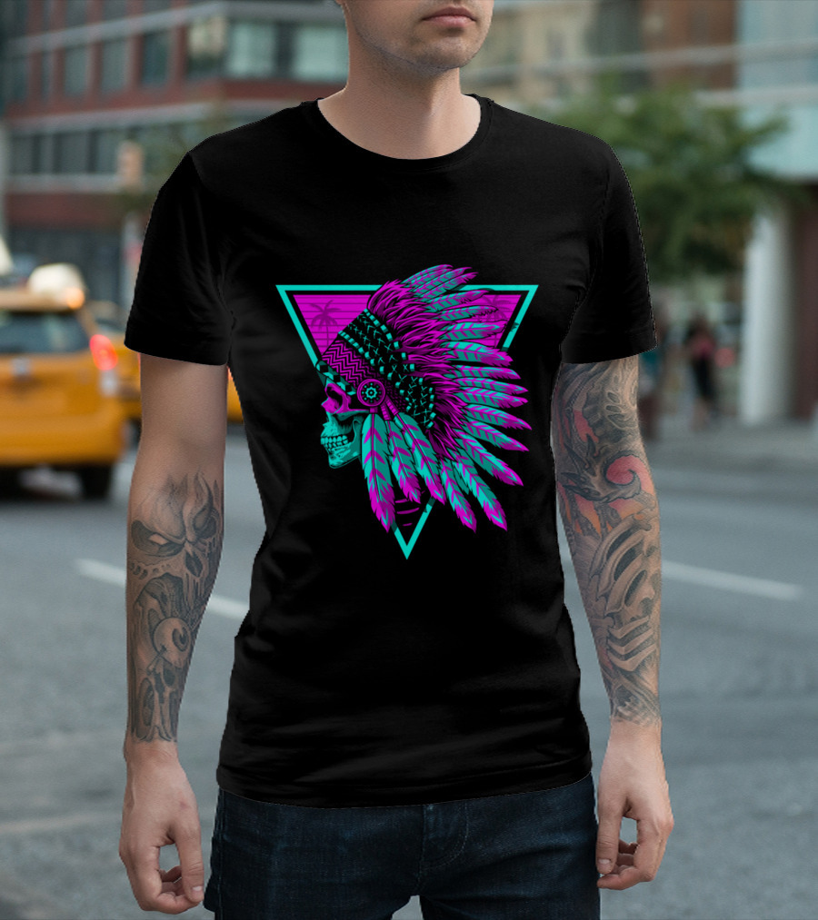 Retro Neon Skull with Headdress in Triangle Frame T-Shirt