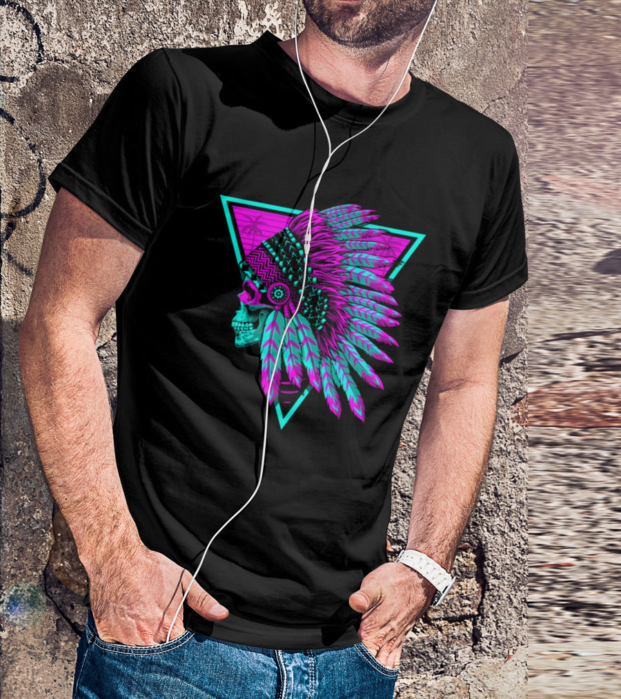 Retro Neon Skull With Headdress In Triangle Frame T-Shirt