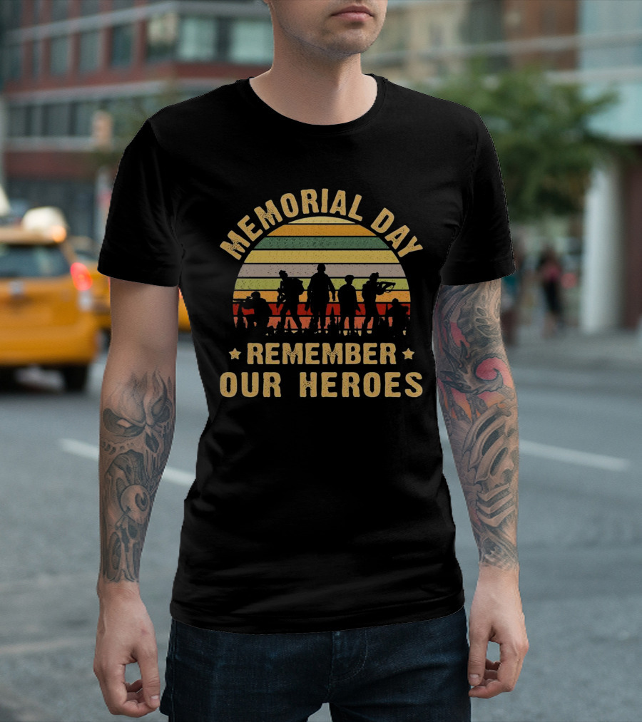 Memorial Day Remember Our Heroes Silhouette Vintage Stripes T-Shirt
