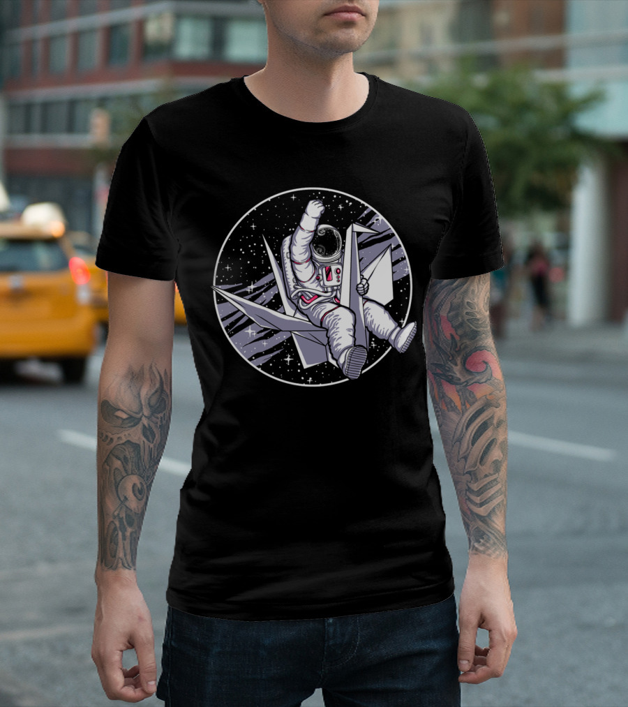 Astronaut Riding Origami Crane in Space Scene T-Shirt