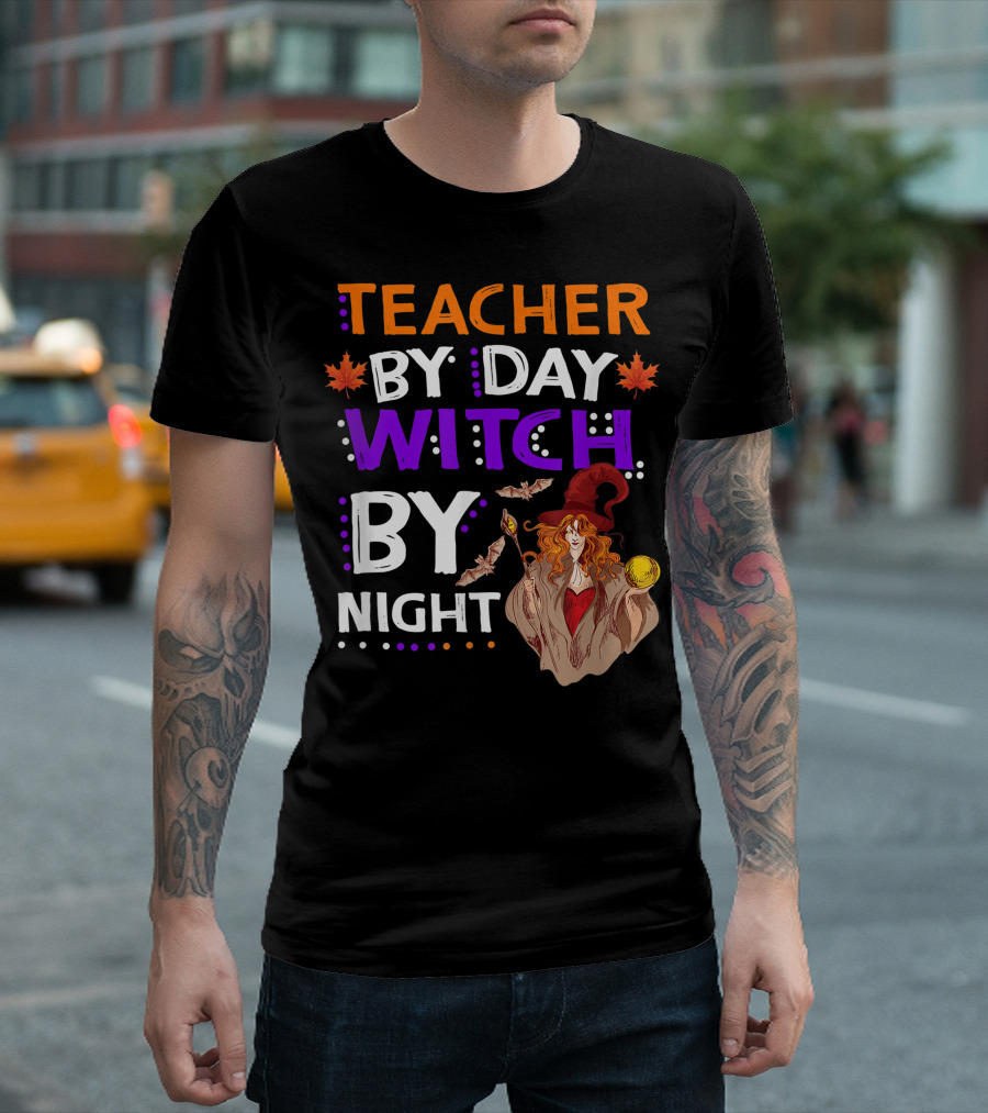 Teacher By Day Witch By Night Halloween Magic Bats Moon T-Shirt