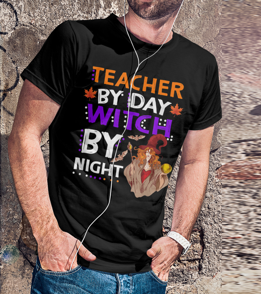 Teacher By Day Witch By Night Halloween Magic Bats Moon T-Shirt