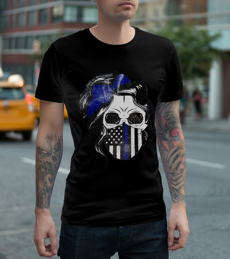 Skull Flag Blue Line Mask with Hair Bow and American T-Shirt