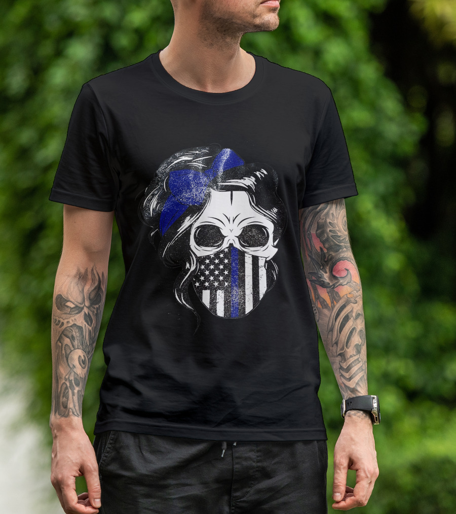 Skull Flag Blue Line Mask With Hair Bow And American T-Shirt